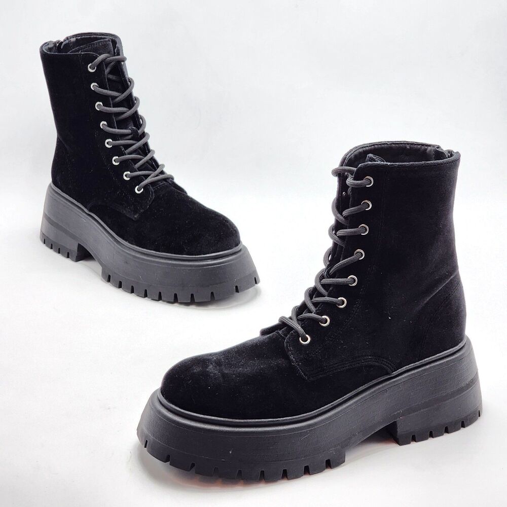 Aqua Sarge Velvet Chunky Platform Combat Boots Black Zipper Women's Size 9 RARE